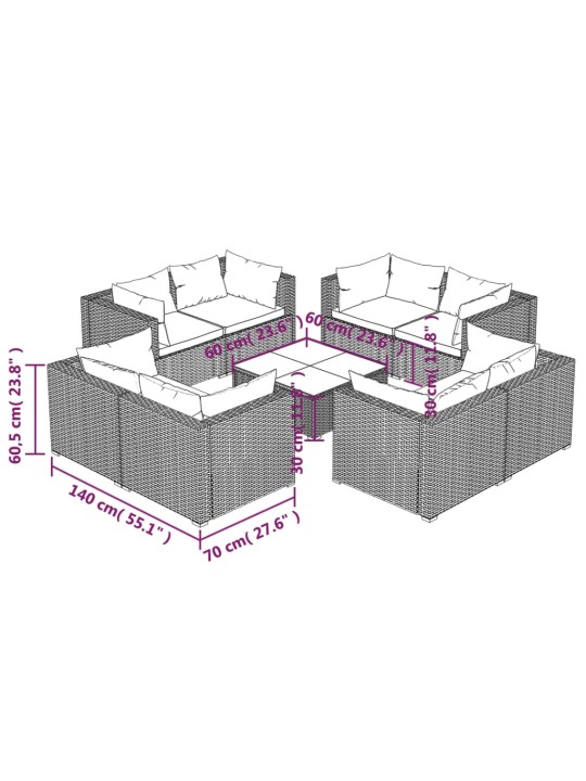 9-osaline aiamööblikomplekt patjadega, polürotang, pruun