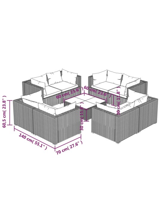 9-osaline aiamööblikomplekt patjadega, polürotang, pruun