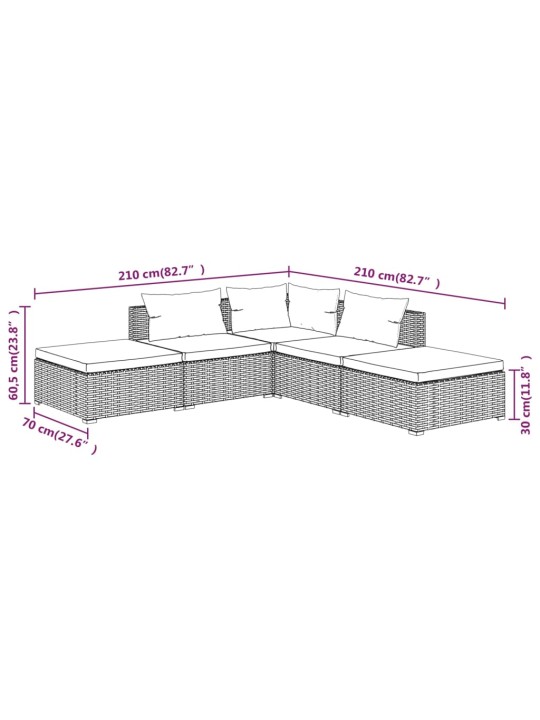 5-osaline aiamööblikomplekt patjadega, polürotang, hall