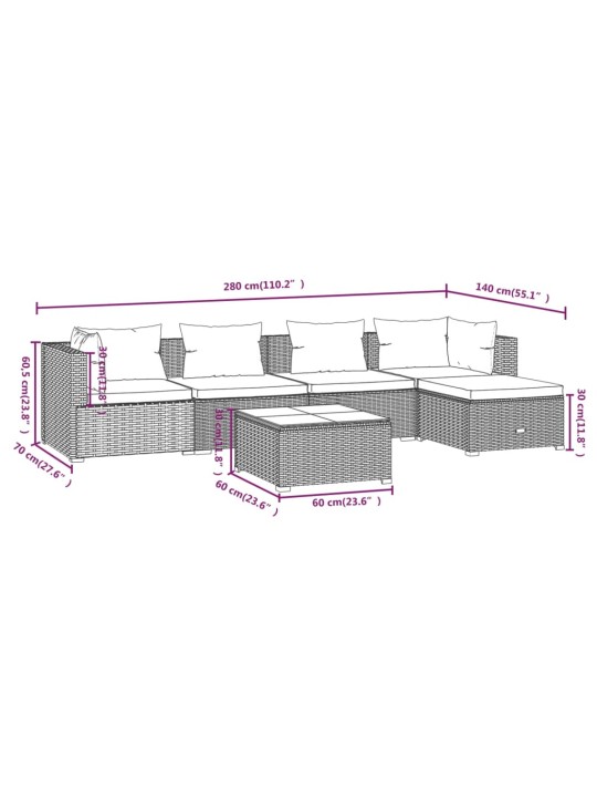 6-osaline aiamööblikomplekt patjadega, polürotang, pruun