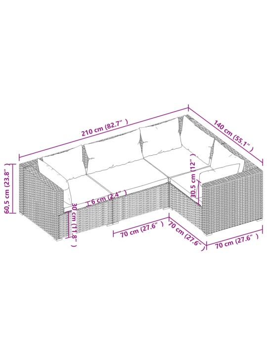 4-osaline aiamööblikomplekt patjadega, polürotang, hall