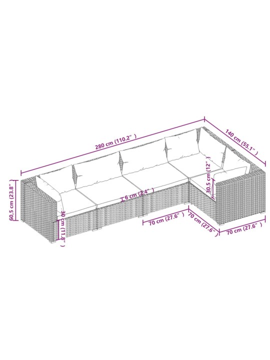 5-osaline aiamööbli komplekt patjadega, polürotang, pruun