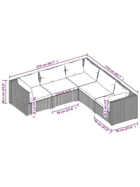 5-osaline aiamööbli komplekt patjadega, polürotang, hall