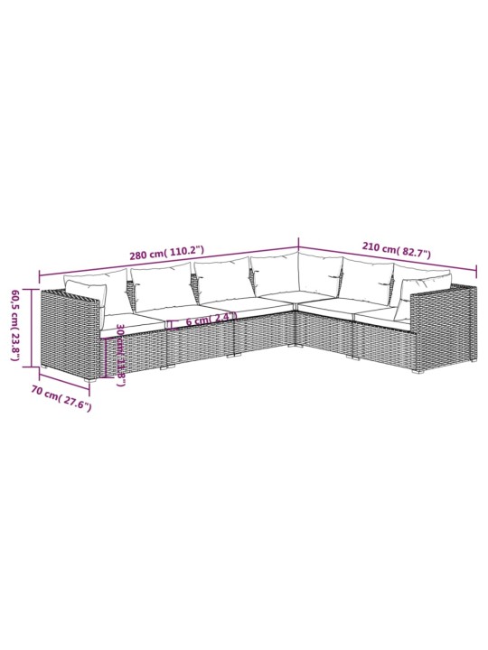 6-osaline aiamööblikomplekt patjadega, polürotang, hall