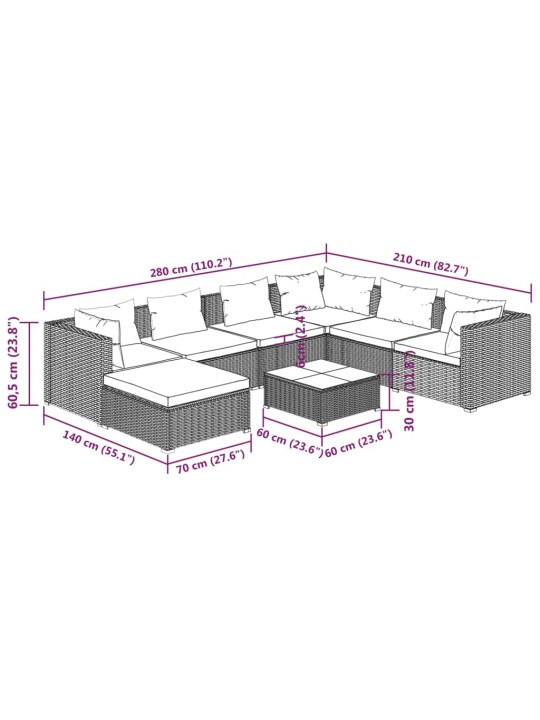 8-osaline aiamööbli komplekt patjadega, polürotang, pruun