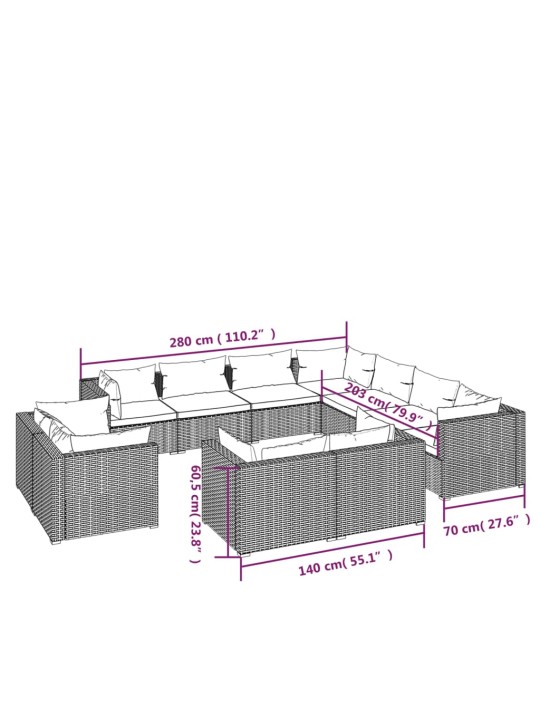 11-osaline aiamööblikomplekt patjadega, pruun, polürotang