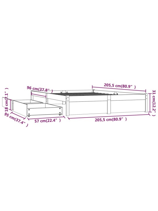 Sahtlitega voodiraam, valge, 200 x 200 cm