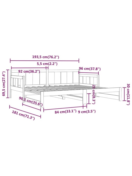 Väljatõmmatav päevavoodi, valge, männipuit, 2 x (90-190) cm