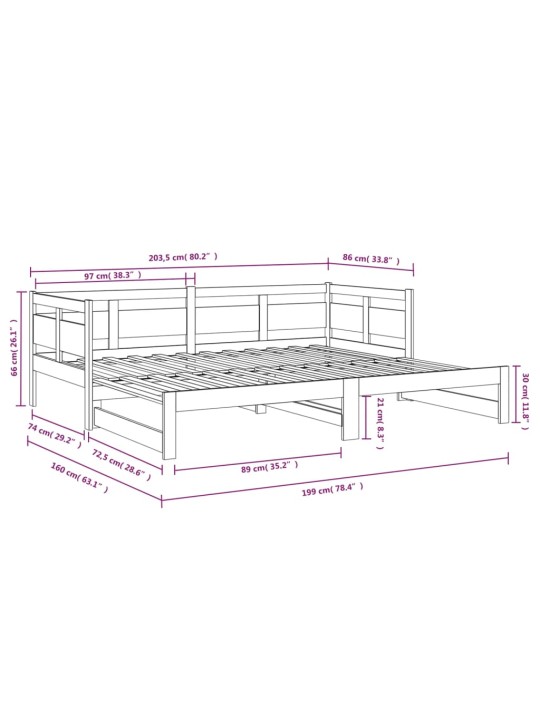 Väljatõmmatav päevavoodi, valge, männipuit, 2 x (80-200) cm