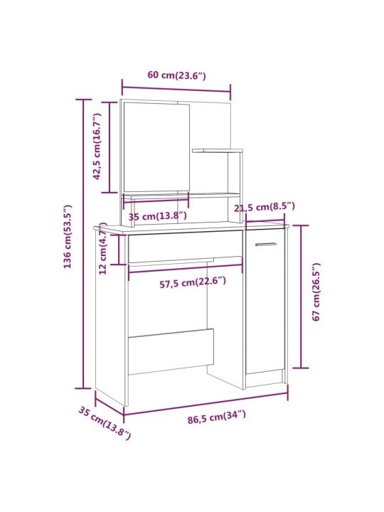 Peegliga tualettlaud, valge, 86,5 x 35 x 136 cm