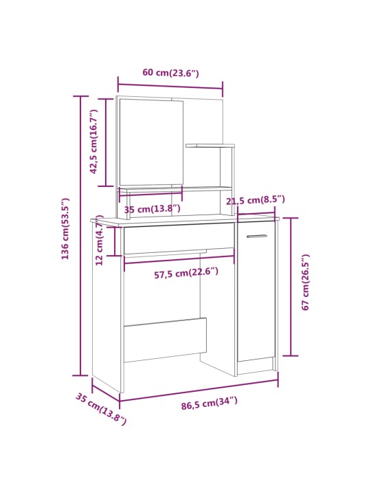 Peegliga tualettlaud, sonoma tamm, 86,5 x 35 x 136 cm