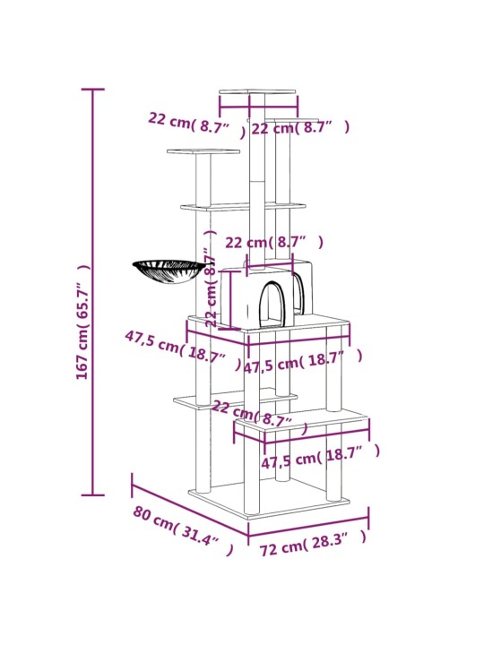 Kassimaja sisalköitega kraapimispuudega, tumehall, 167 cm