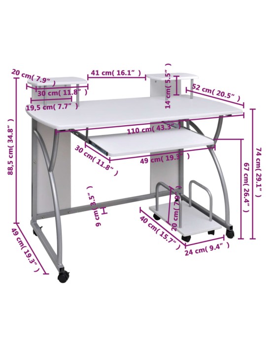 Arvutilaud, valge, 110 x 52 x 88,5 cm, tehispuit