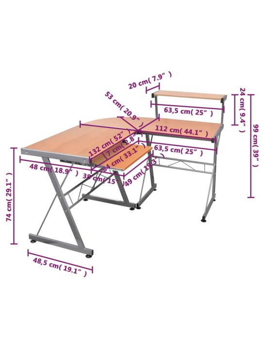 Nurga arvutilaud, pruun, 132 x 112 x 99 cm, tehispuit