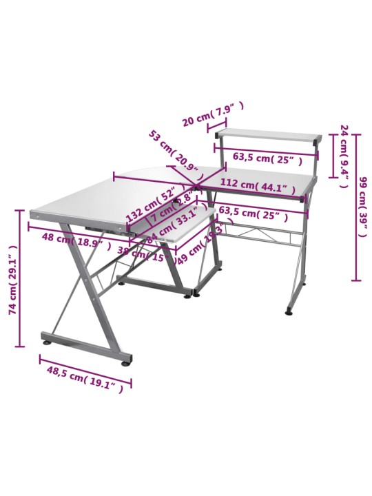 Nurga arvutilaud, valge, 132 x 112 x 99 cm, tehispuit