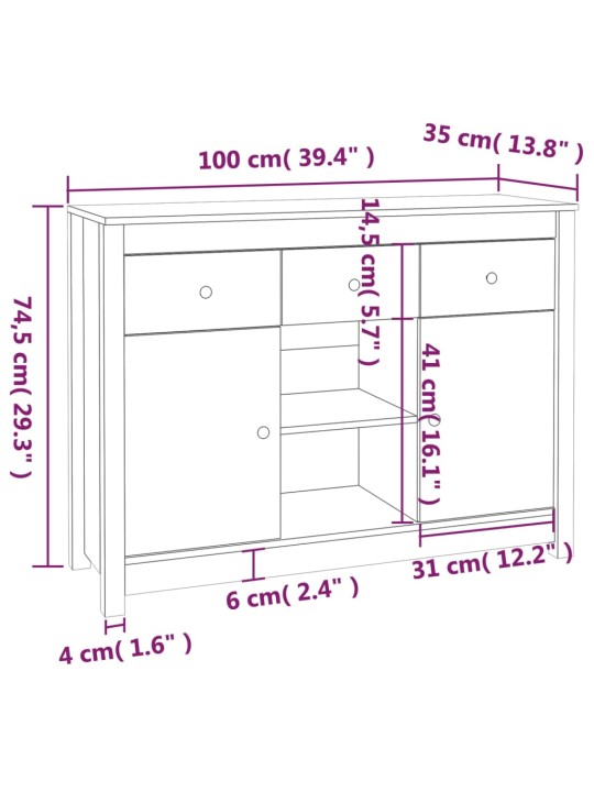 Puhvetkapp, valge, 100x35x74,5cm, täismännipuit