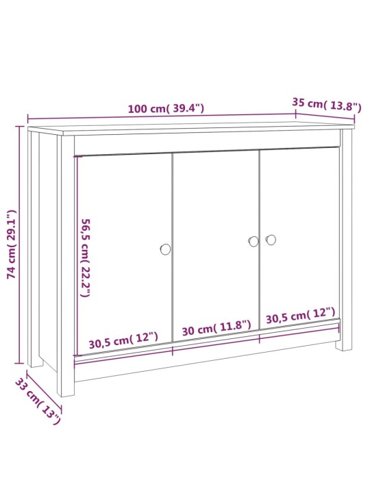 Puhvetkapp, valge, 100x35x74 cm, täismännipuit