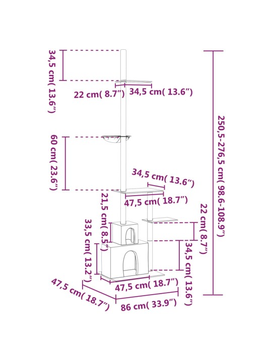 Põrandast laeni kassi kraapimispuu, tumehall, 250,5–276,5 cm