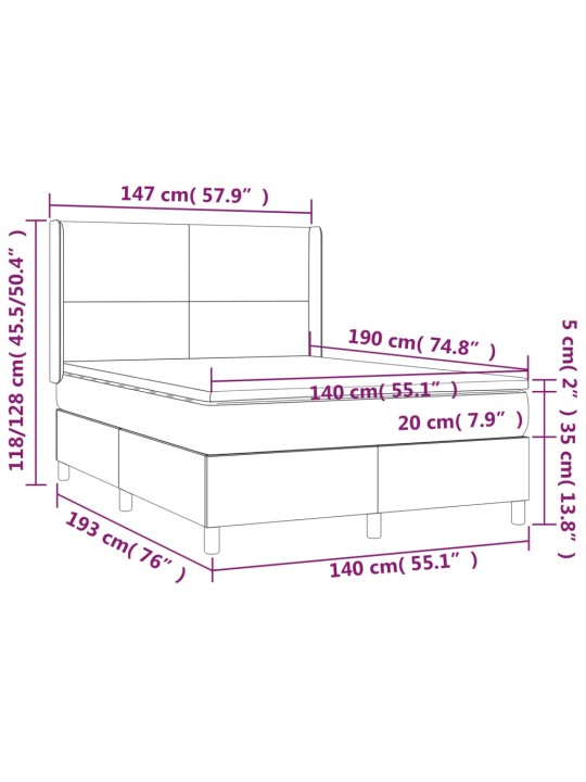 Kontinentaalvoodi madrats, LED, tumesinine, 140x190 cm, samet