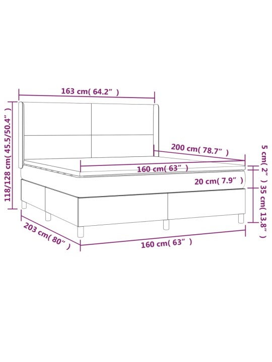 Kontinentaalvoodi madrats ja LED, helehall, 160x200 cm, samet