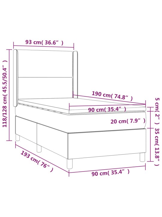 Kontinentaalvoodi madrats ja LED, helehall, 90x190 cm, samet