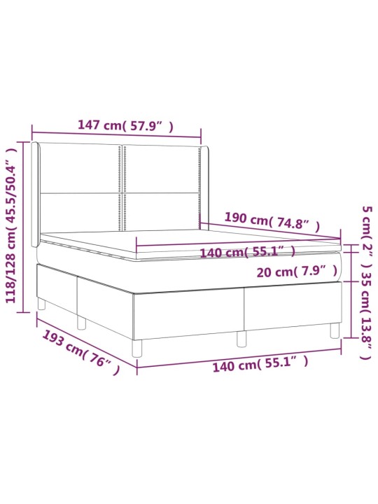 Kontinentaalvoodi madrats ja LED, helehall, 140x190 cm, samet