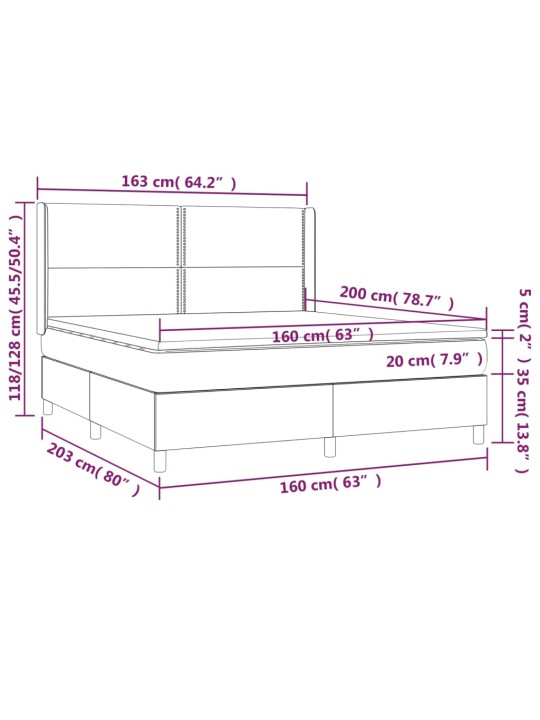 Kontinentaalvoodi madrats ja LED, helehall, 160x200 cm, samet