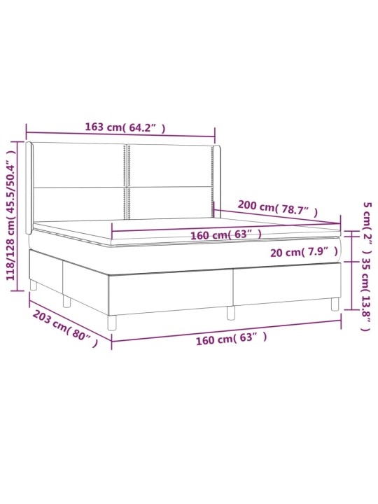 Kontinentaalvoodi madrats, LED, roosa, 160x200 cm, samet