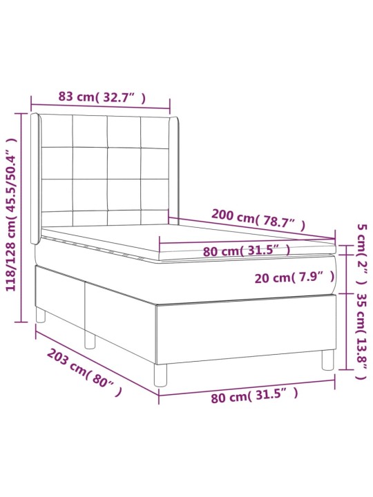 Kontinentaalvoodi madrats ja LED, helehall, 80x200 cm, samet