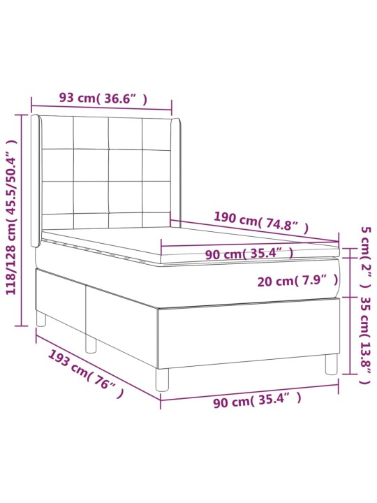 Kontinentaalvoodi madrats ja LED, helehall, 90x190 cm, samet