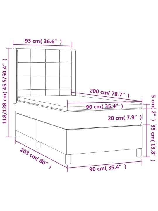 Kontinentaalvoodi madrats ja LED, helehall, 90x200 cm, samet