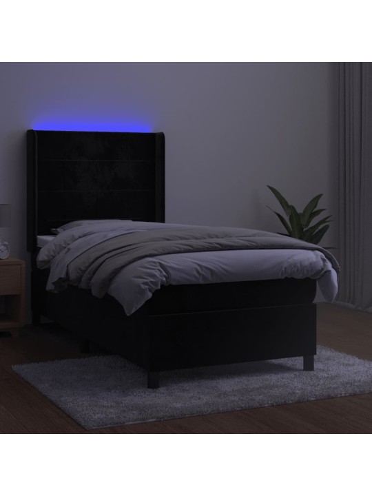 Kontinentaalvoodi madrats ja led, must, 90x200 cm, samet