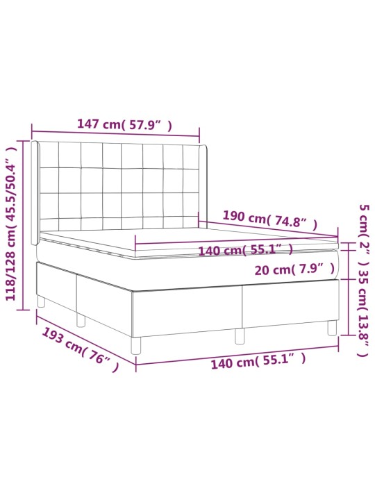 Kontinentaalvoodi madrats, LED, tumesinine, 140x190 cm, samet