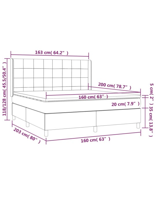 Kontinentaalvoodi madrats ja LED, helehall, 160x200 cm, samet