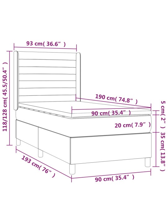 Kontinentaalvoodi madrats ja LED, must, 90x190 cm, samet