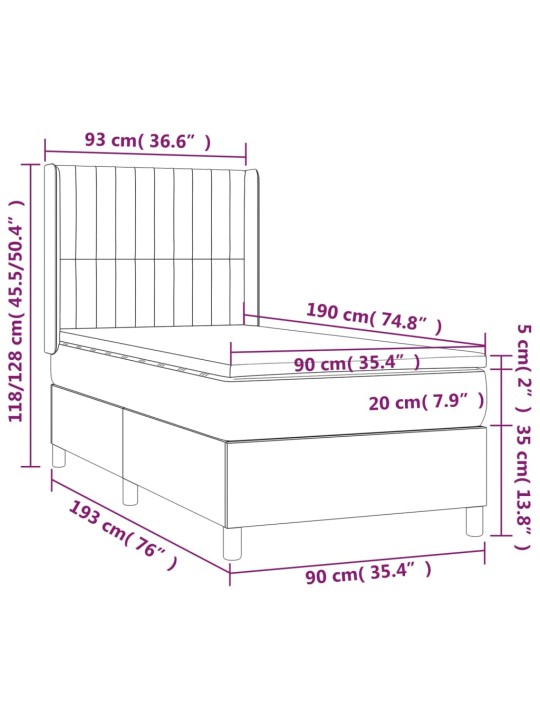 Kontinentaalvoodi madrats ja LED, tumehall, 90x190 cm, samet