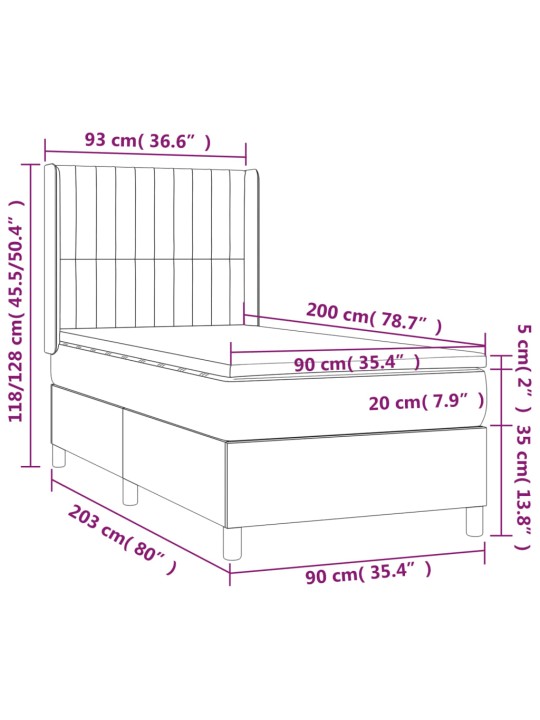 Kontinentaalvoodi madrats ja LED, helehall, 90x200 cm, samet