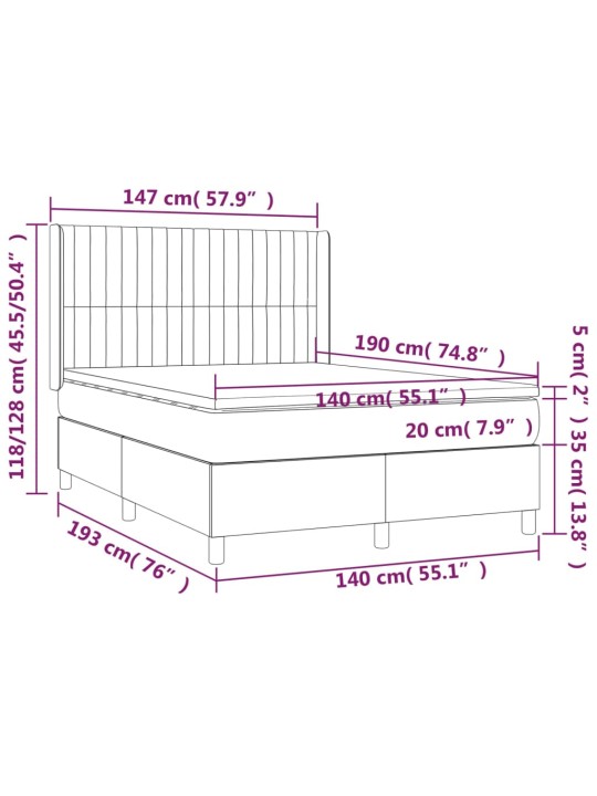 Kontinentaalvoodi madrats ja LED, helehall, 140x190 cm, samet