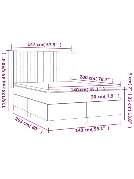 Kontinentaalvoodi madrats ja LED, must, 140x200 cm, samet