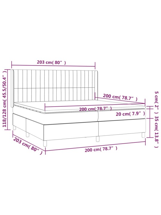 Kontinentaalvoodi madrats ja LED, must, 200x200 cm, samet