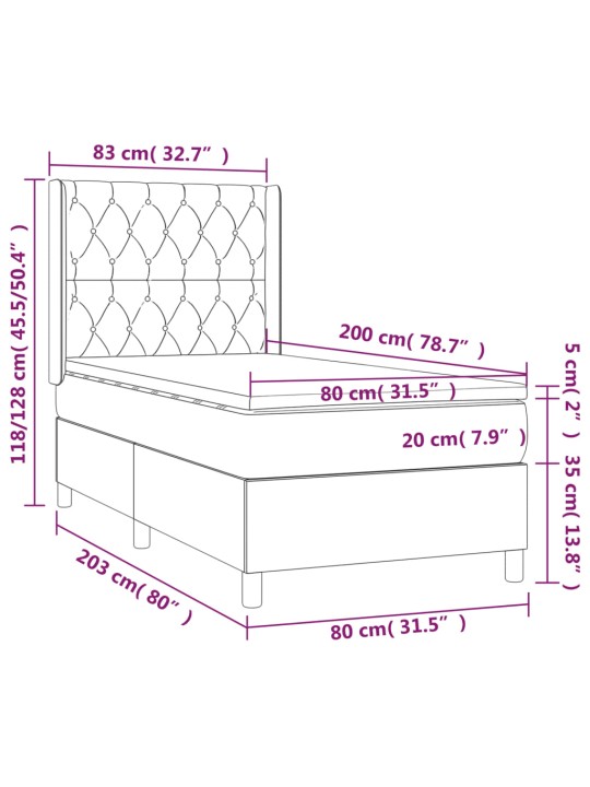 Kontinentaalvoodi madrats ja led, helehall, 80x200 cm, samet