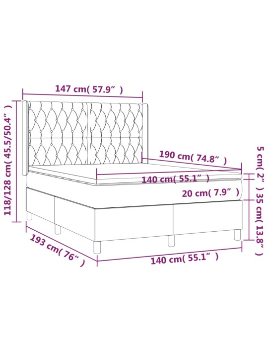 Kontinentaalvoodi madrats ja led, helehall, 140x190 cm, samet