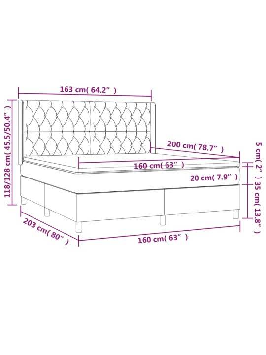 Kontinentaalvoodi madrats ja led, helehall, 160x200 cm, samet