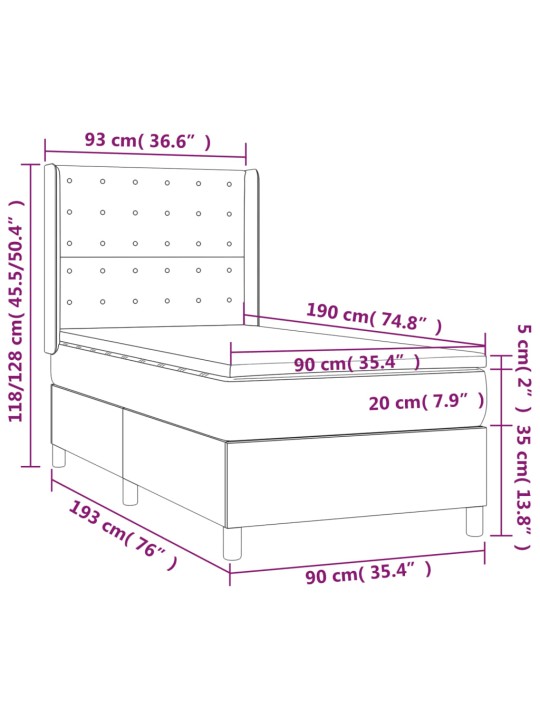 Kontinentaalvoodi madrats ja LED, helehall, 90x190 cm, samet