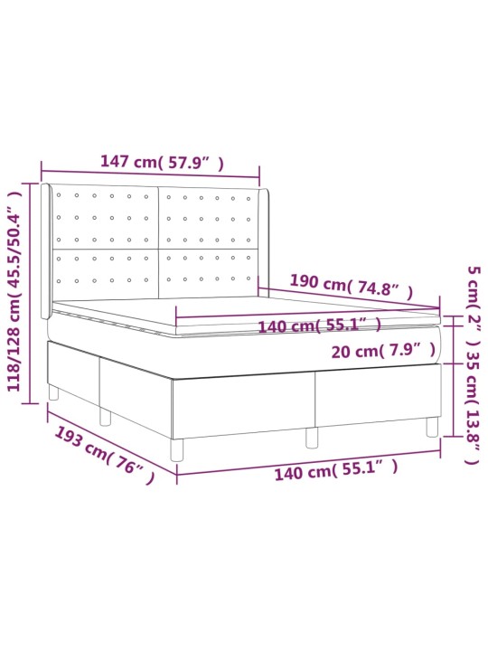 Kontinentaalvoodi madrats ja LED, helehall, 140x190 cm, samet