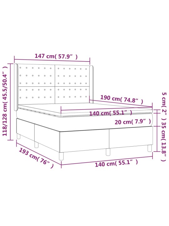 Kontinentaalvoodi madrats, LED, tumesinine, 140x190 cm, samet