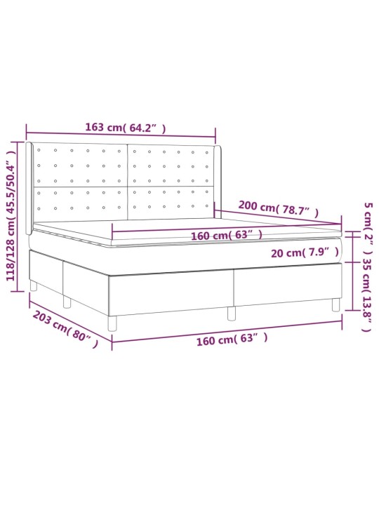 Kontinentaalvoodi madrats ja LED, helehall, 160x200 cm, samet