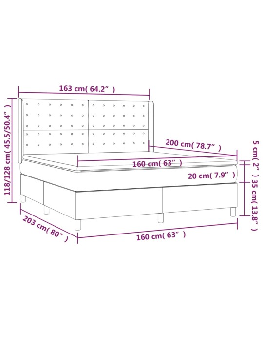 Kontinentaalvoodi madrats ja led, tumehall, 160x200 cm, samet