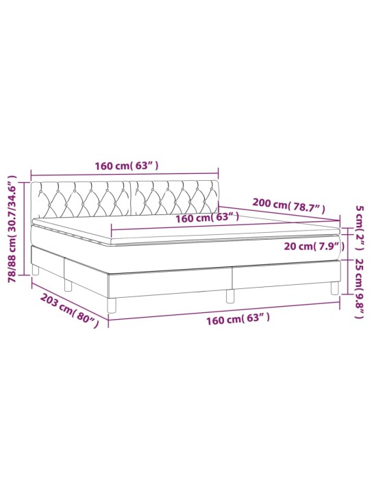 Kontinentaalvoodi madrats ja LED, must, 160x200 cm, kangas