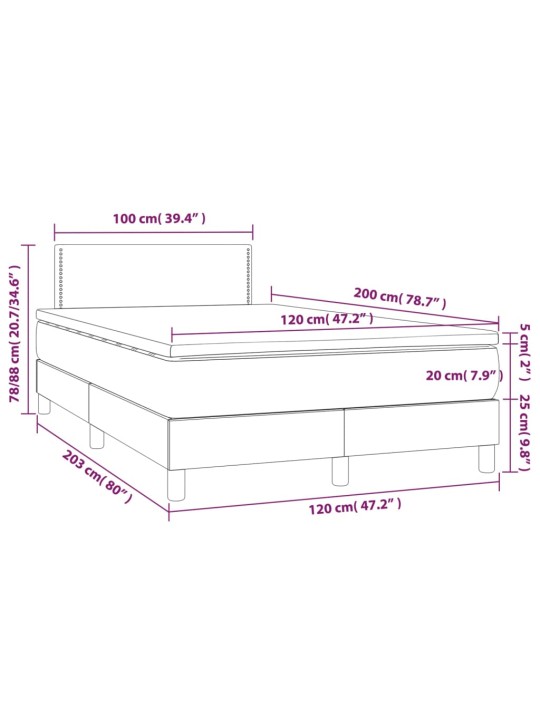 Kontinentaalvoodi madrats ja LED, helehall, 120x200 cm, samet